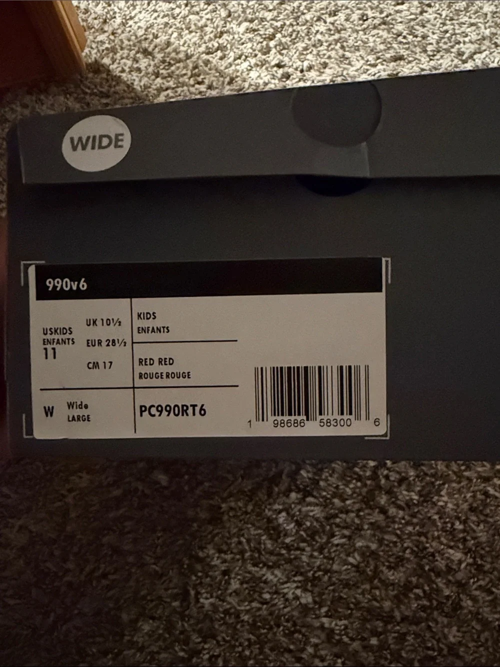 New Balance 990v6 Kids Wide Red, Size 11, New with Box